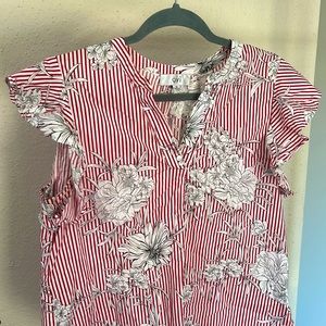 OVI floral blouse with red and white stripes, short sleeves. Size M.